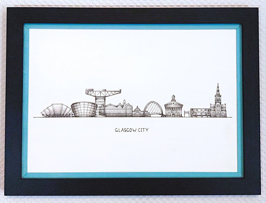 Glasgow Cityscape Handmade Unique Framed A3 Print Sky Blue Border Wallart Gift