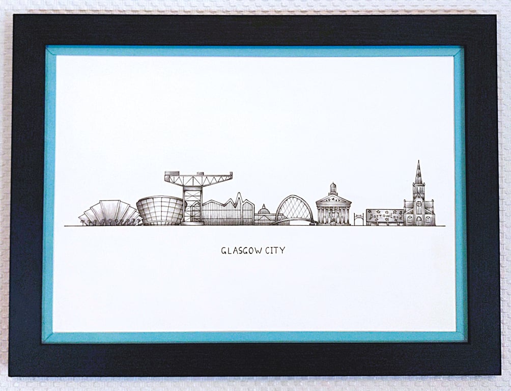 Glasgow Cityscape Handmade Unique Framed A3 Print Sky Blue Border Wallart Gift