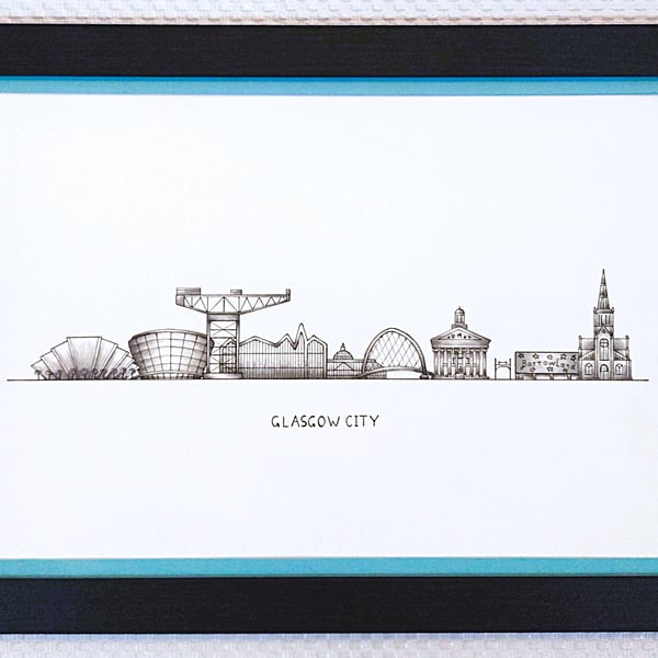 Glasgow Cityscape Handmade Unique Framed A3 Print Sky Blue Border Wallart Gift