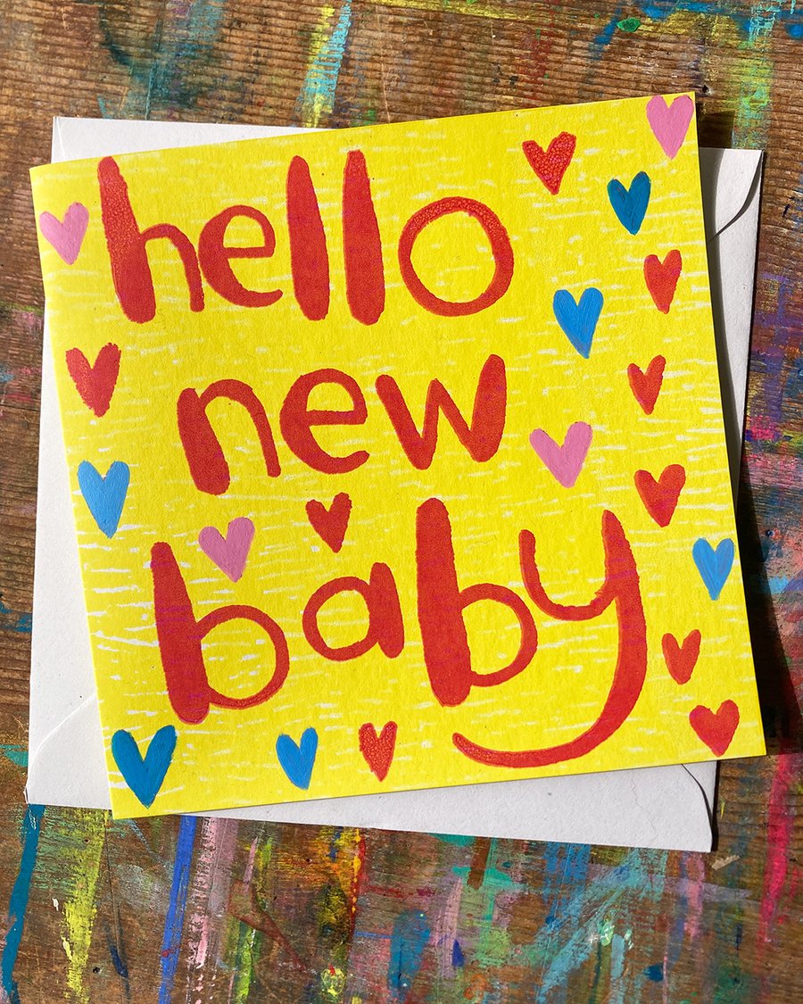 New baby card screen printed and painted card by Jo Brown Happytomato