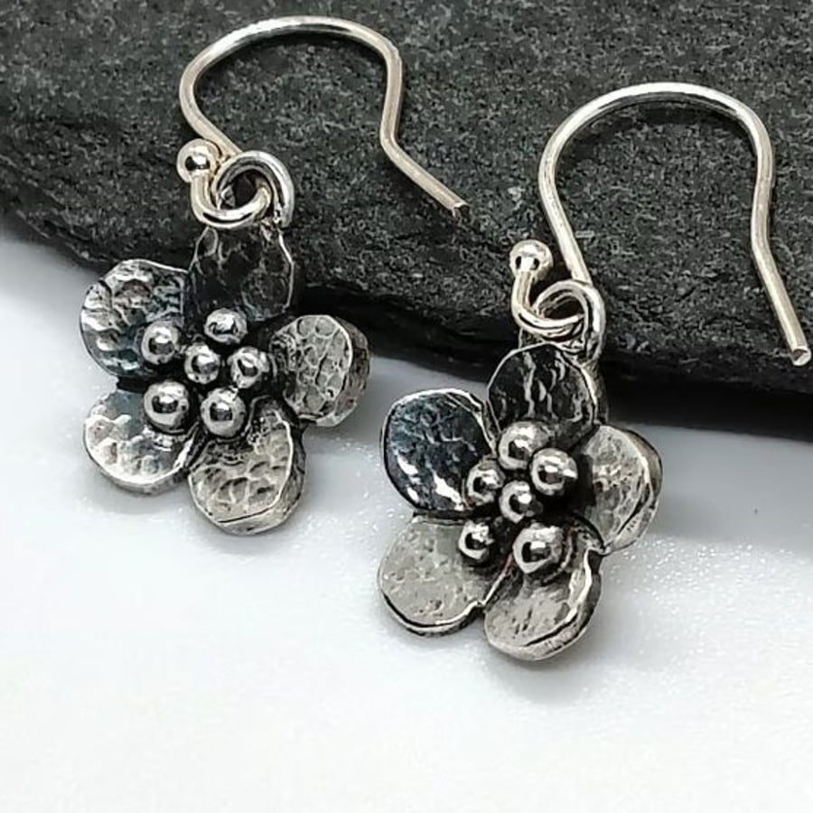 Silver flower earrings oxidized handmade recycled sterling silver 