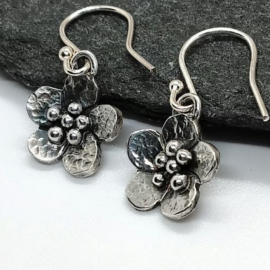 Silver flower earrings oxidized handmade recycled sterling silver 