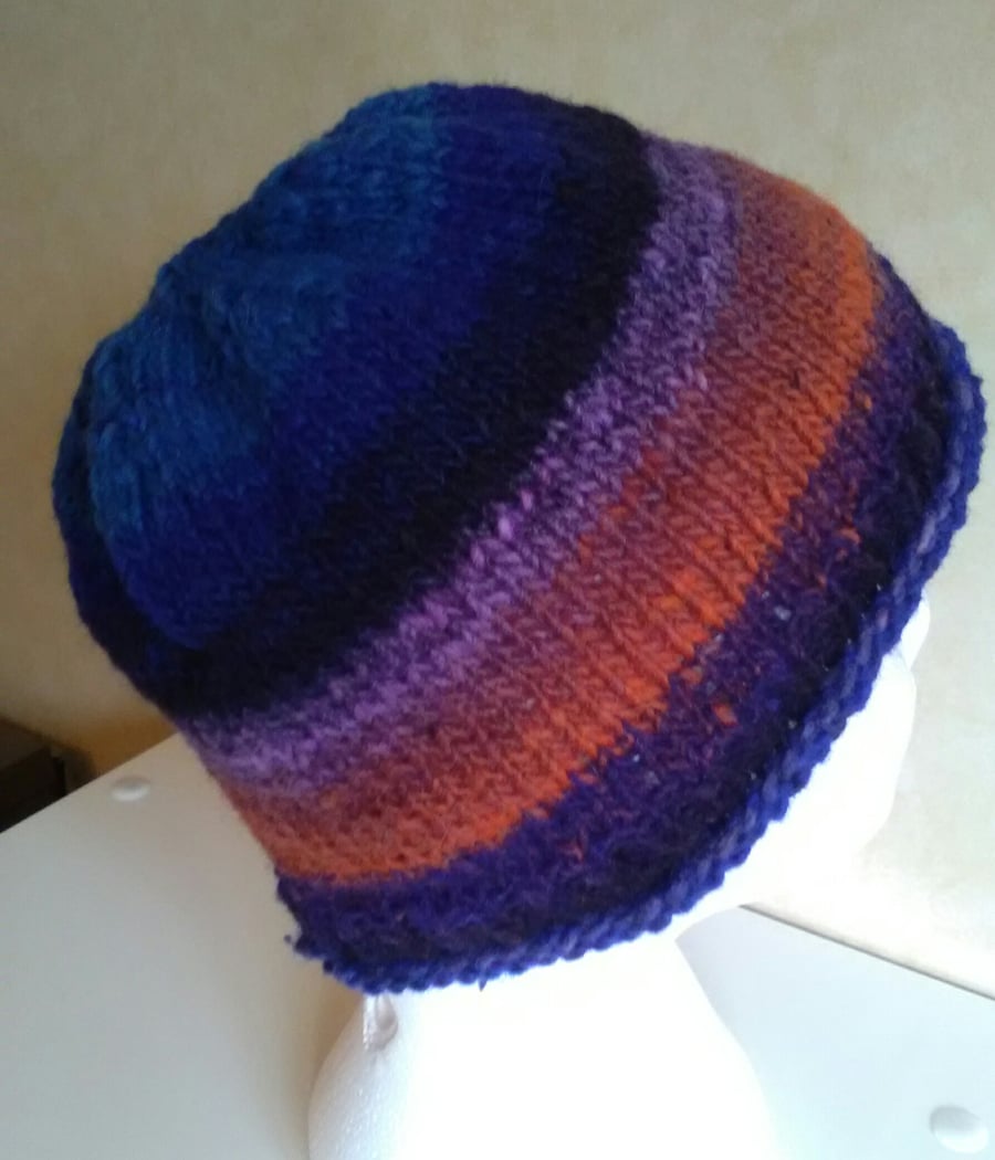 Handknit Noro Hat 100% wool Blue, Purple, Orange MED