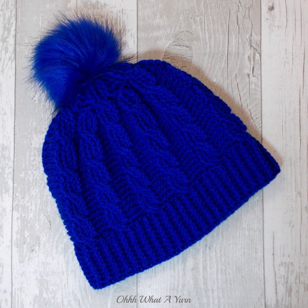 Royal blue ladies cable pom pom hat. Crochet hat. Ladies hat.