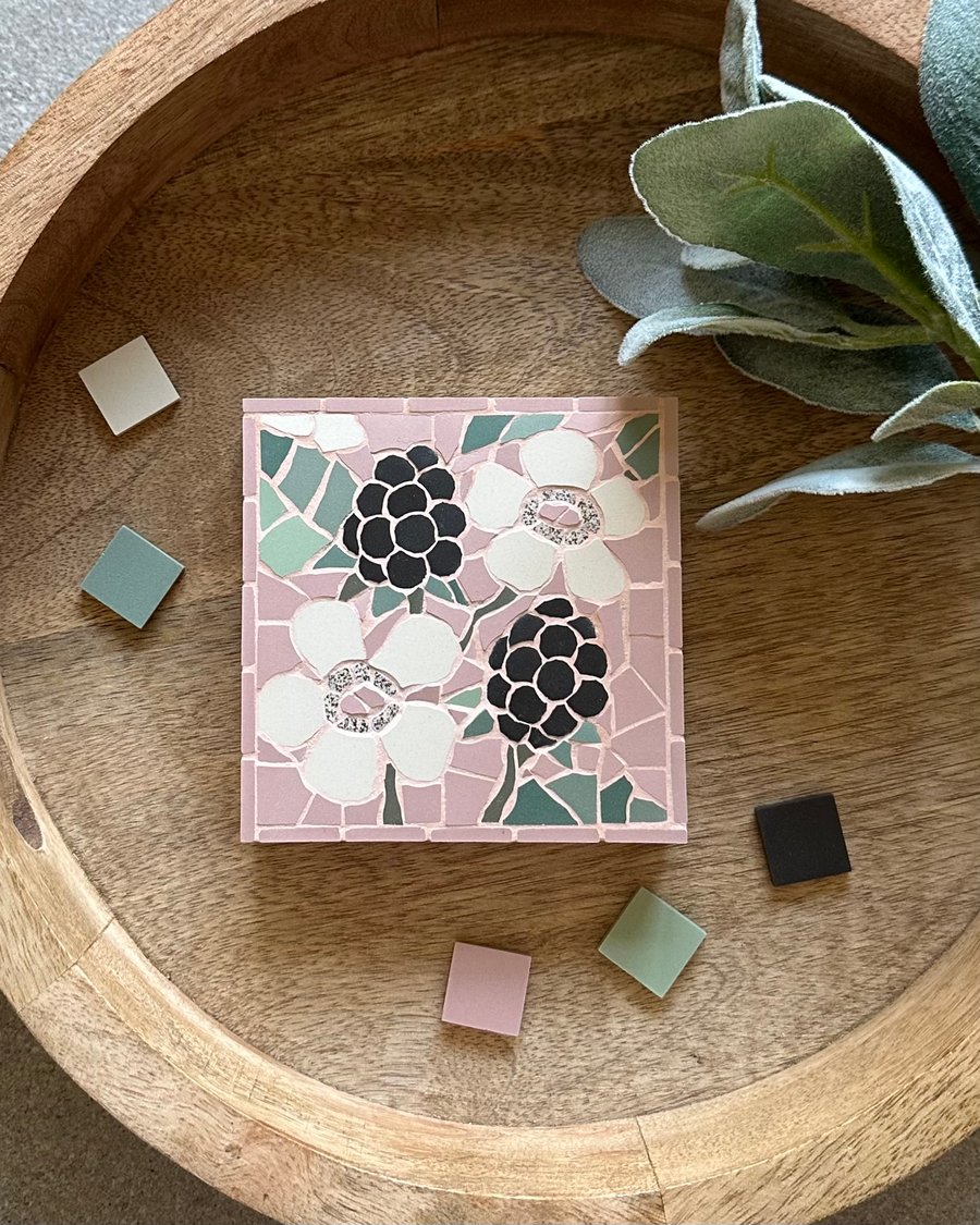 Mosaic Floral Art - Blackberry Mosaic Wall Plaque in Pastel Pink