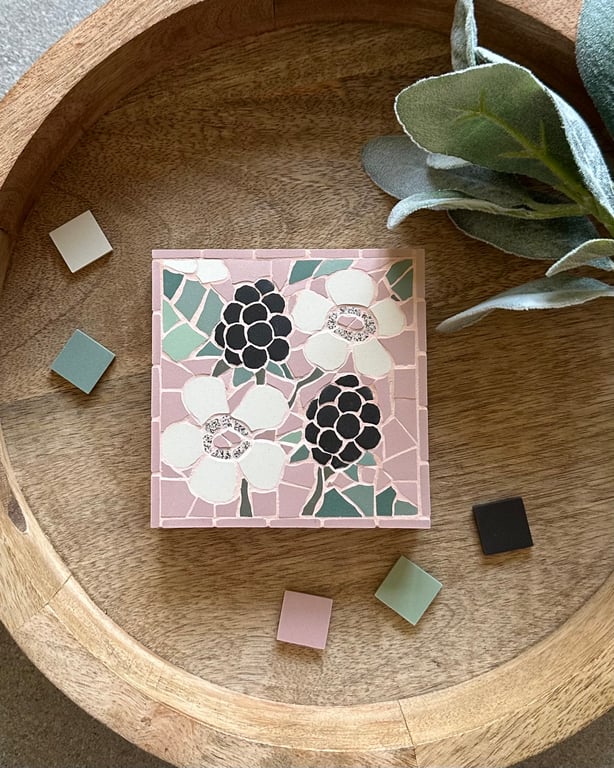Mosaic Floral Art - Blackberry Mosaic Wall Plaque in Pastel Pink