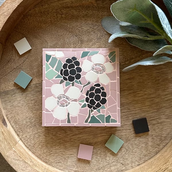 Mosaic Floral Art - Blackberry Mosaic Wall Plaque in Pastel Pink