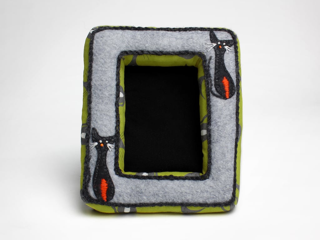 Grey felt picture frame with two applique cats - trimmed in green cat print