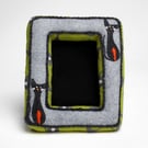Grey felt picture frame with two applique cats - trimmed in green cat print