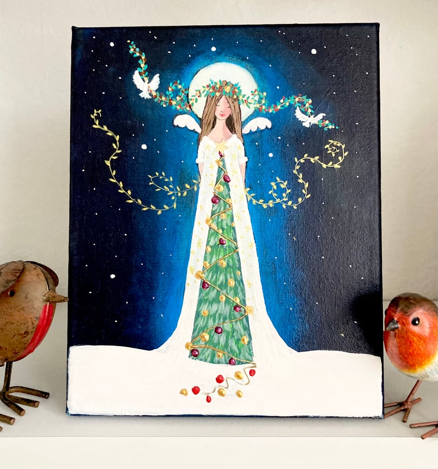 Spirit Of Christmas Angel Painting Xmas Tree Canvas Folk Art Angel Original Art