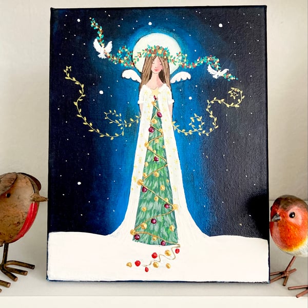 Spirit Of Christmas Angel Painting Xmas Tree Canvas Folk Art Angel Original Art