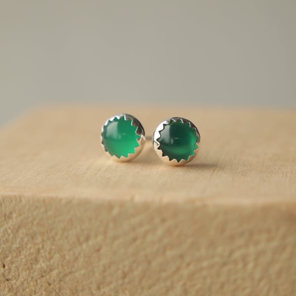 Green Agate and Silver Stud Earrings - May Birthstone