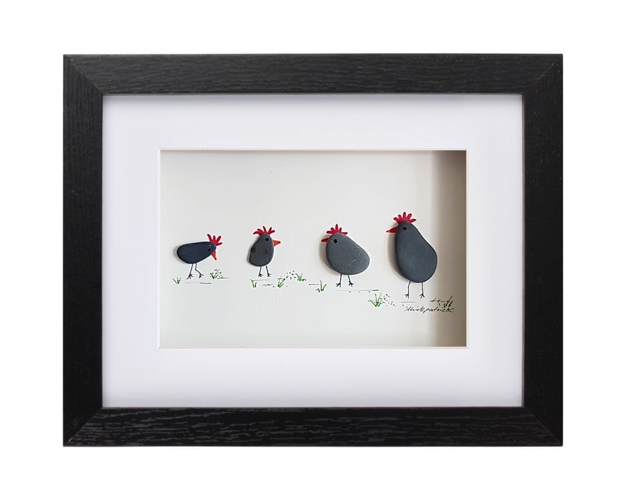 Black Chickens - Pebble Picture - Framed Unique Handmade Art