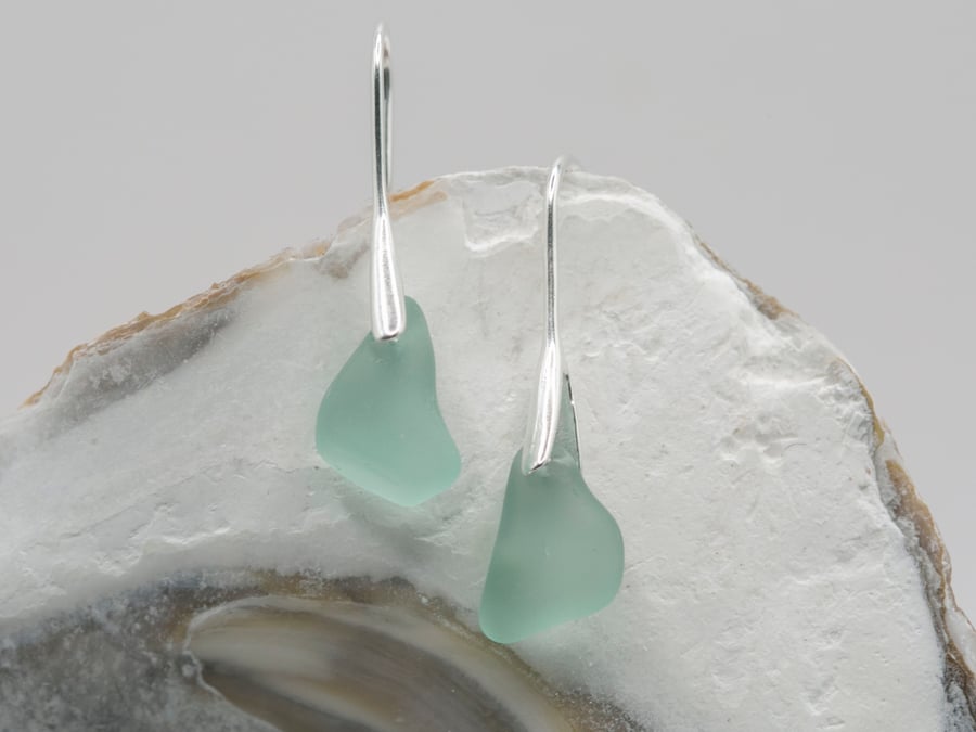 Rare turquoise sea glass silver plated drop earrings