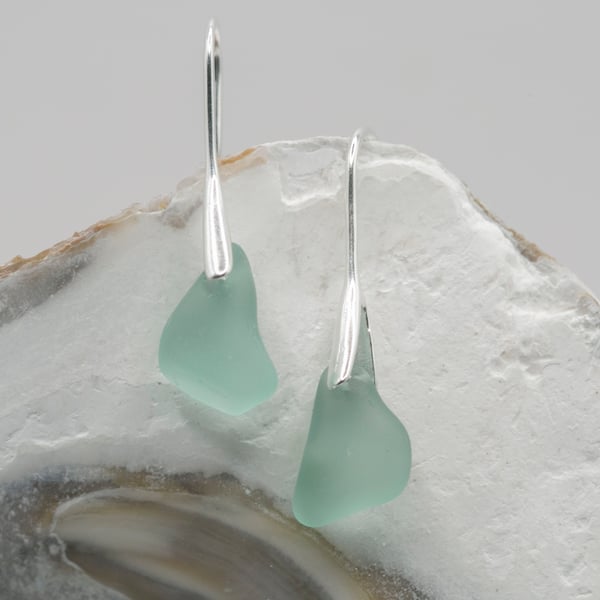 Rare turquoise sea glass silver plated drop earrings