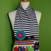 Upcycled Cotton Jersey Striped Scarf with Colourful Embellishments. Blue Stripe.