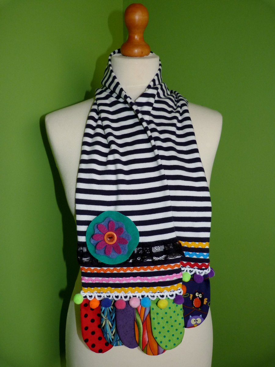 Upcycled Cotton Jersey Striped Scarf with Colourful Embellishments. Blue Stripe.