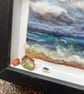 Beach scene cloudy sky, waves and sand needle felt black frame Seaglass shells - Image 2