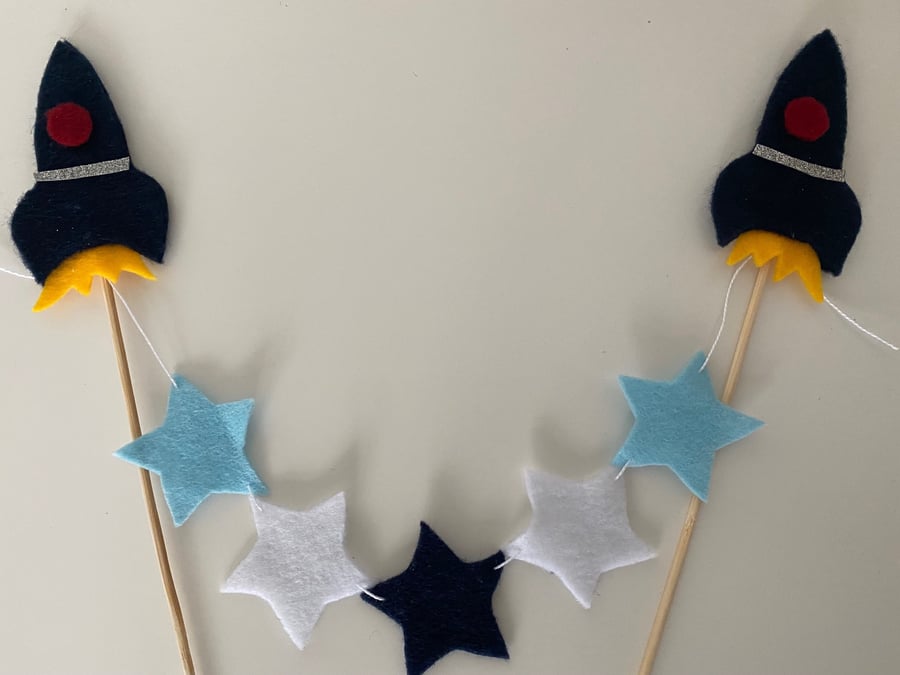 Rocket Felt Cake Topper, Space Themed Cake Bunting, Handmade Cake Banner, Childr