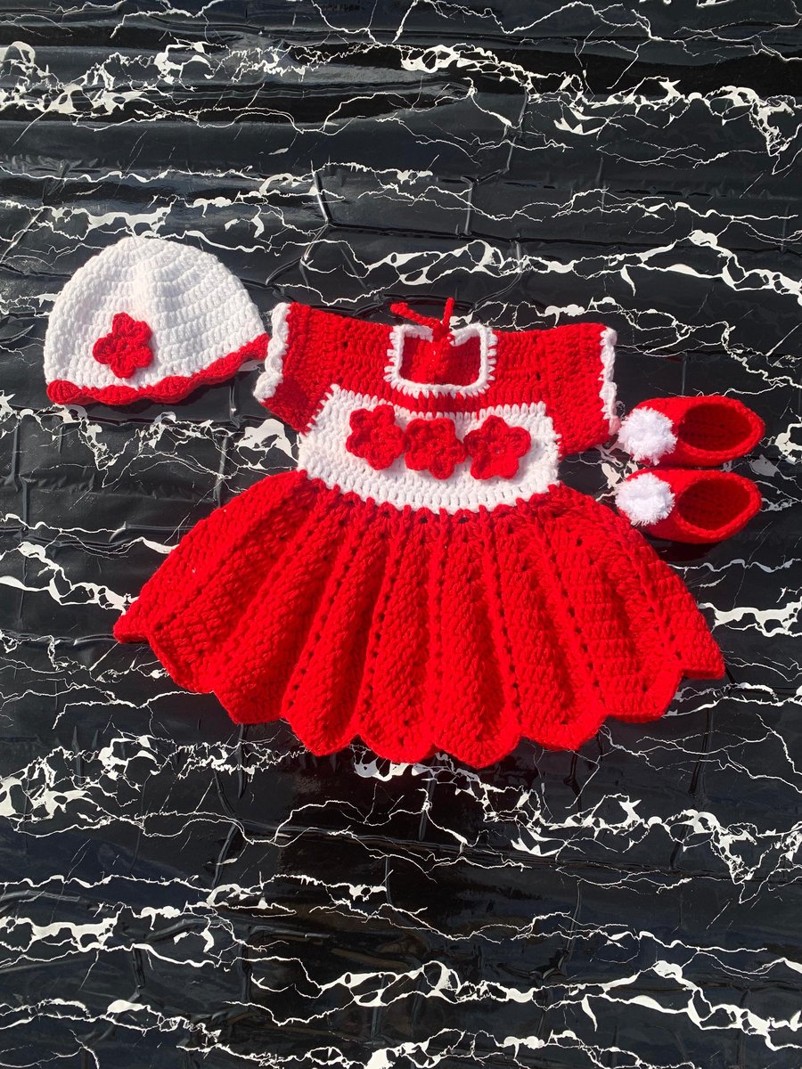 Handmade Baby Girl Crochet Dress Set in Red & White – Dress, Hat & Booties