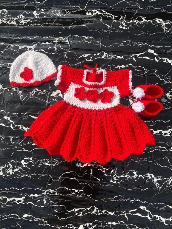 Handmade Baby Girl Crochet Dress Set in Red & White – Dress, Hat & Booties