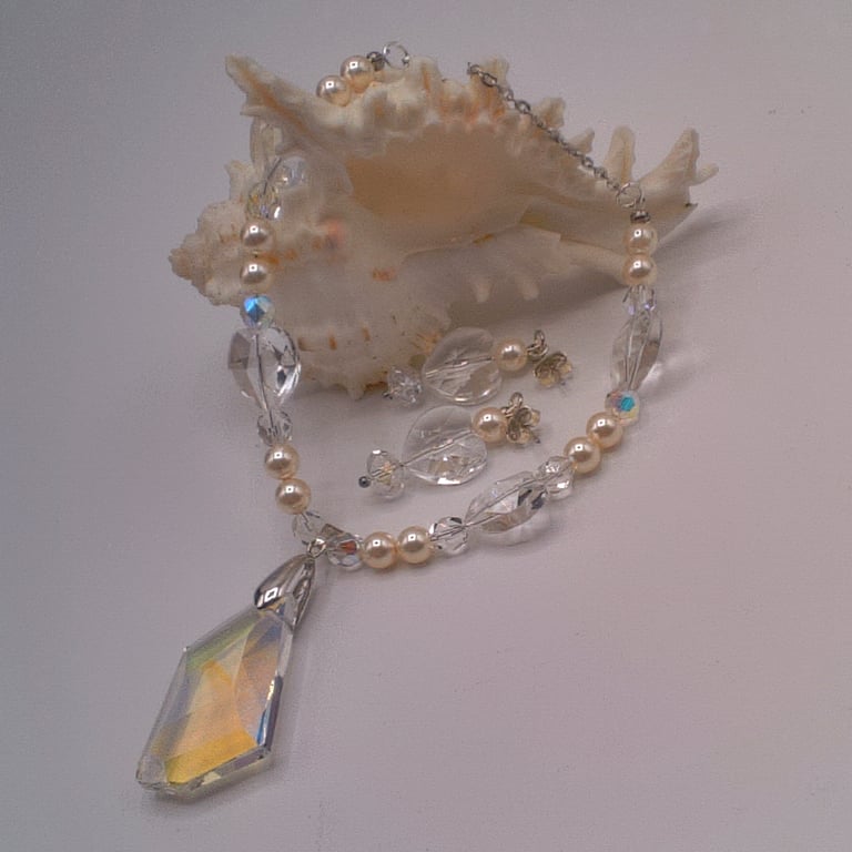 Crystal Pendant on a Pearl and Crystal Necklace and Earrings, Gift for Her