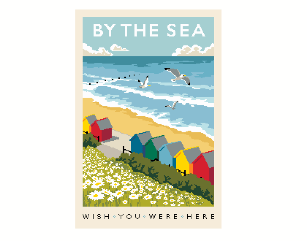 145B Cross stitch pattern British Beach Huts Vintage Railway POSTER By the Sea