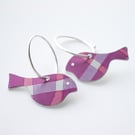 Bird earrings in purple and pink checks