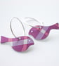 Bird earrings in purple and pink checks