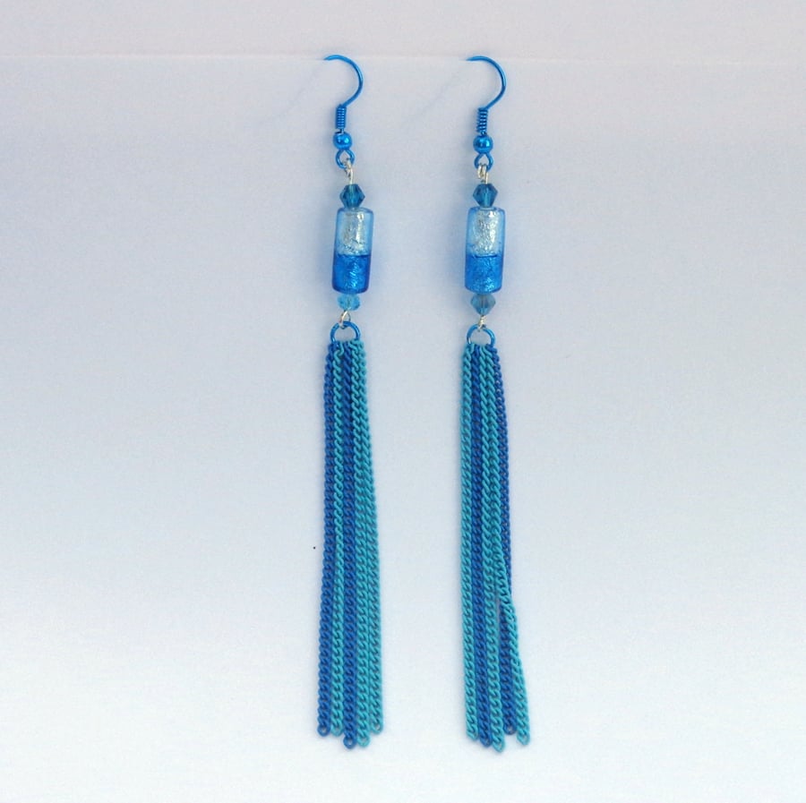 Turquoise & blue tassel long dangle earrings
