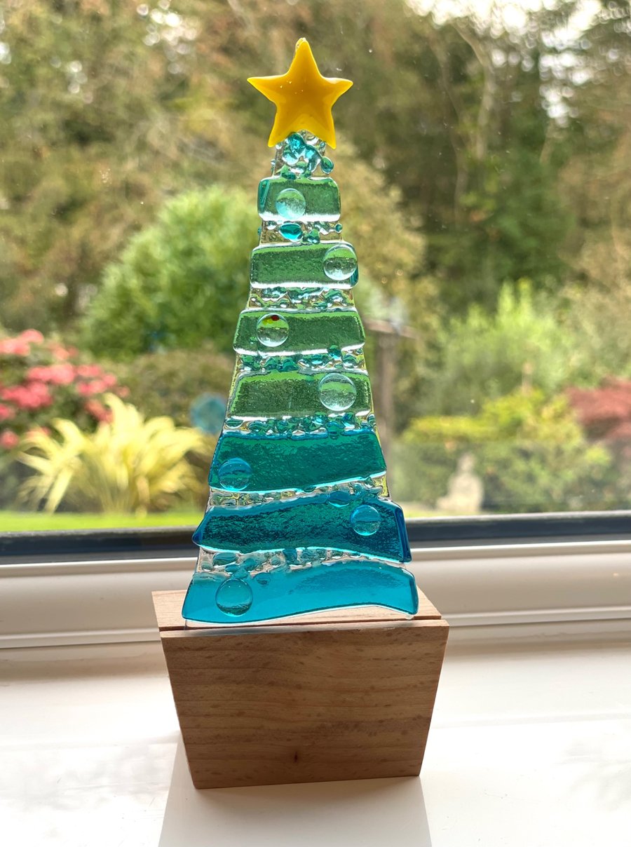 Sea inspired fused glass Christmas tree in oak base 