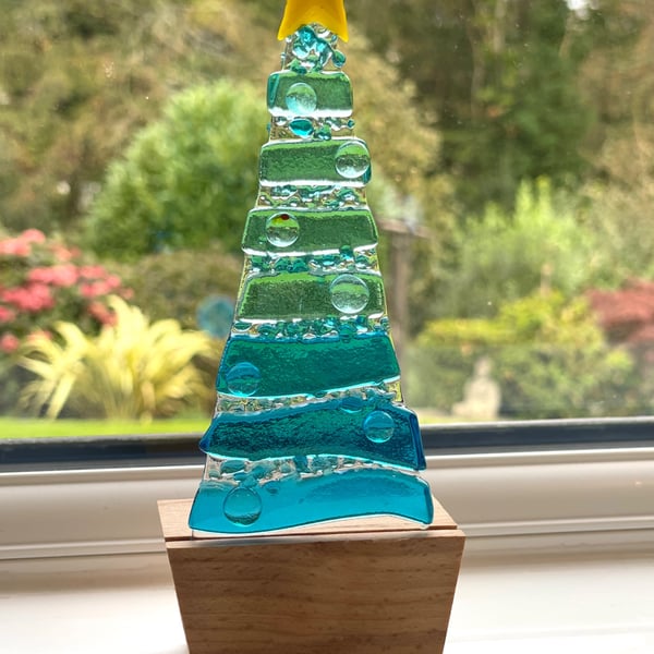 Sea inspired fused glass Christmas tree in oak base 