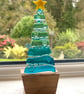 Sea inspired fused glass Christmas tree in oak base 
