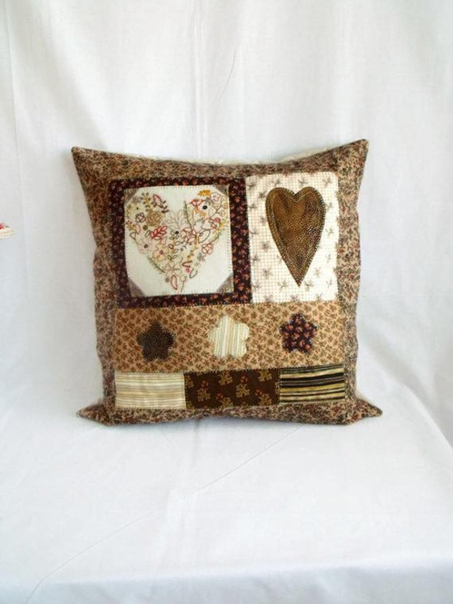 large embroidered beige and gold heart cushion cover, patchwork pillow slip