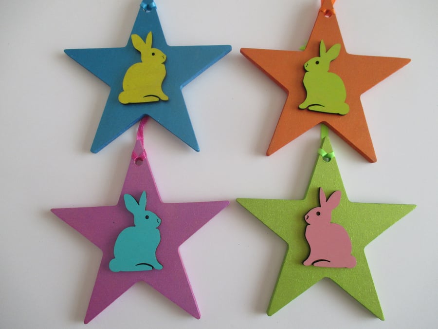 SALE 4x Bunny Rabbit Star Hanging Decorations for Christmas Tree Funky Colours