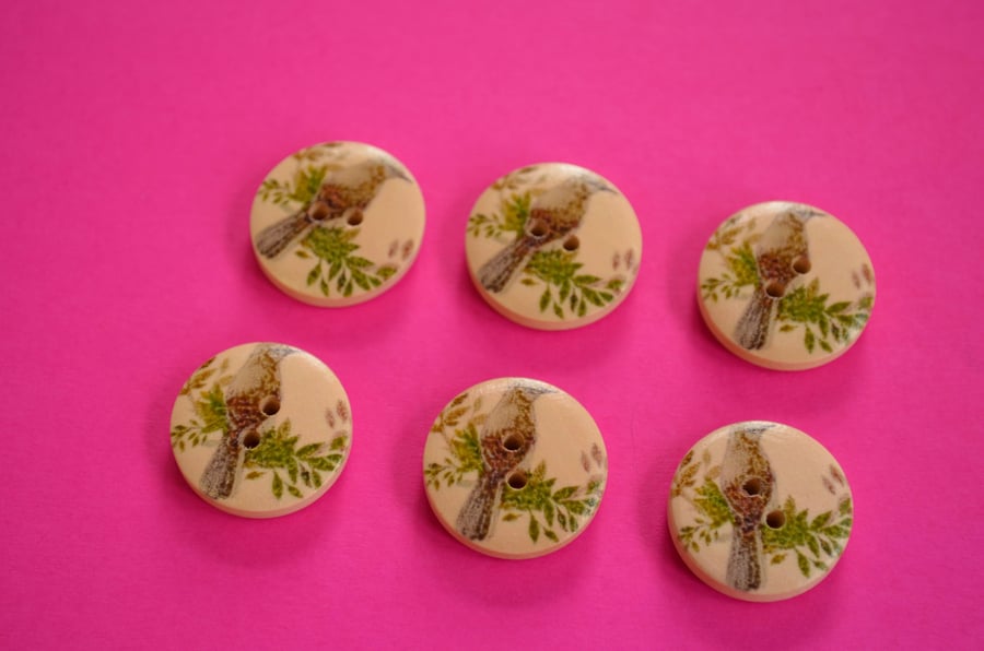 Wooden Grey Bird Buttons Vintage Style 6pk 20mm (MB4)