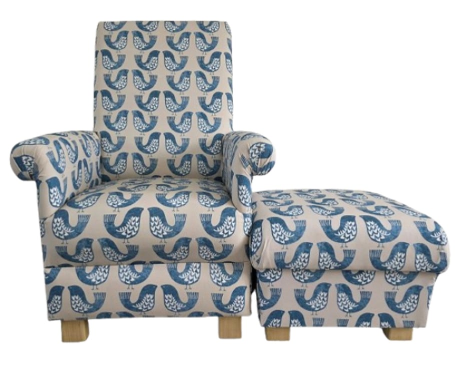 Blue Birds Armchair & Footstool Handmade Accent Chair Nursery Fireside Small