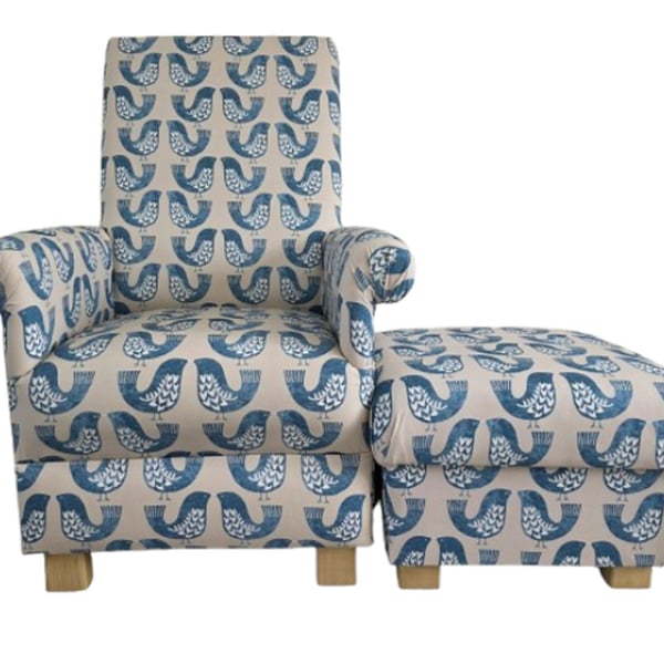 Blue Birds Armchair & Footstool Handmade Accent Chair Nursery Fireside Small