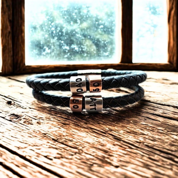50th Birthday Gift - Personalised Leather Bracelet - Dad Brother Son Husband