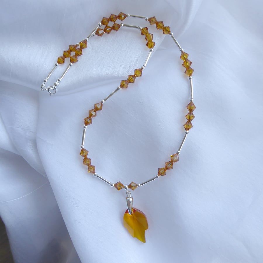 Sterling Silver and Swarovski Topaz Crystal Necklace with Leaf Pendant