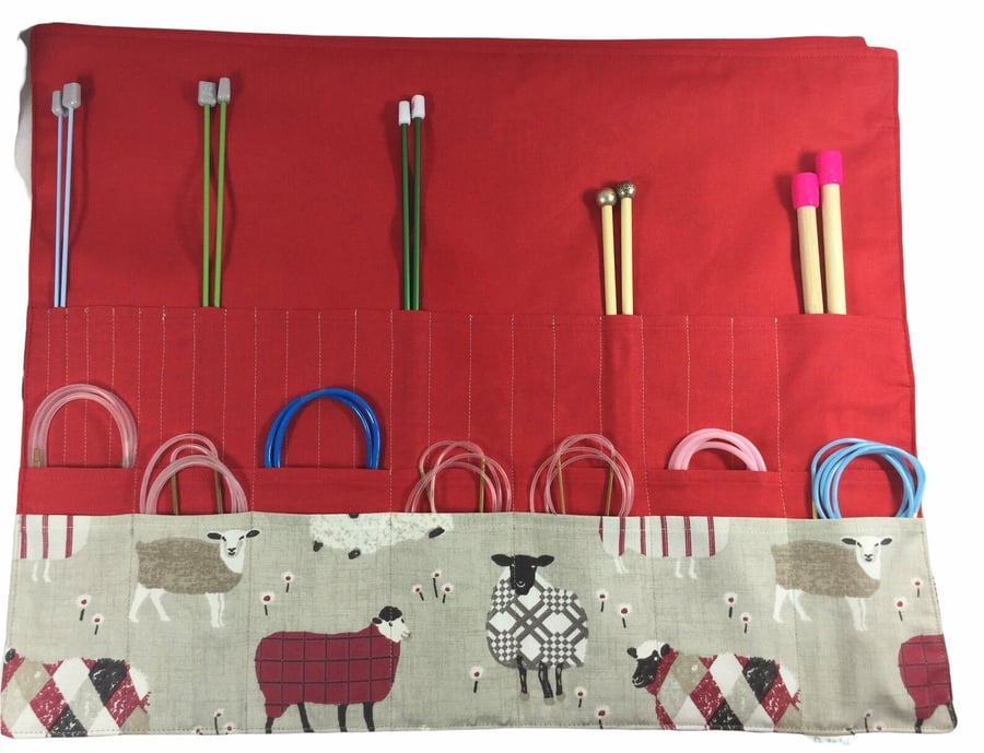 Straight and circular knitting needle case with red sheep, knitting needle pouch