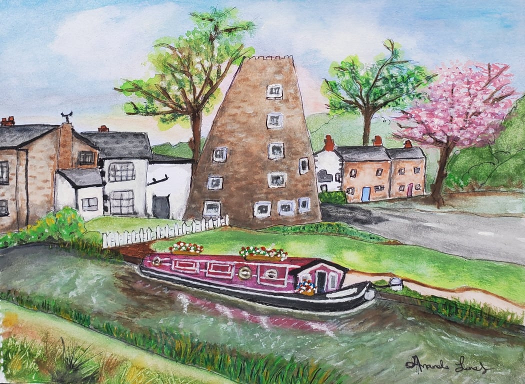 'The Windmill and The Narrow Boat'-Parbold Wigan Local Art Print A4 300gsm