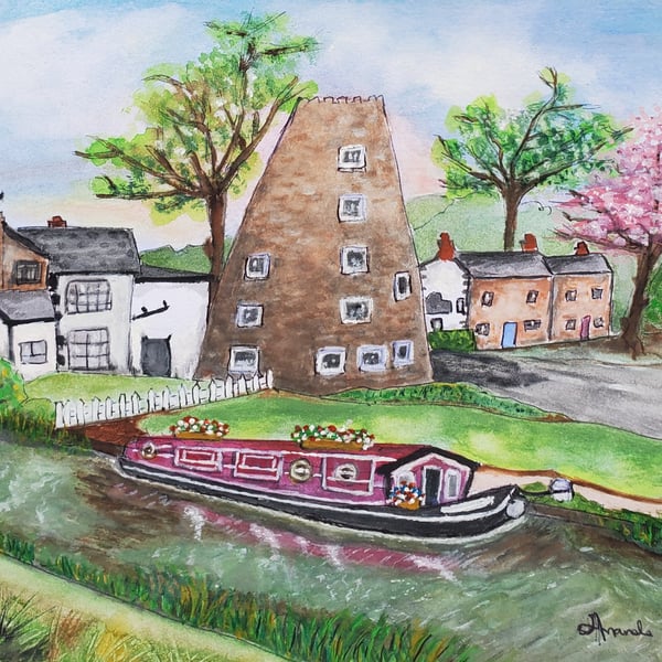 'The Windmill and The Narrow Boat'-Parbold Wigan Local Art Print A4 300gsm