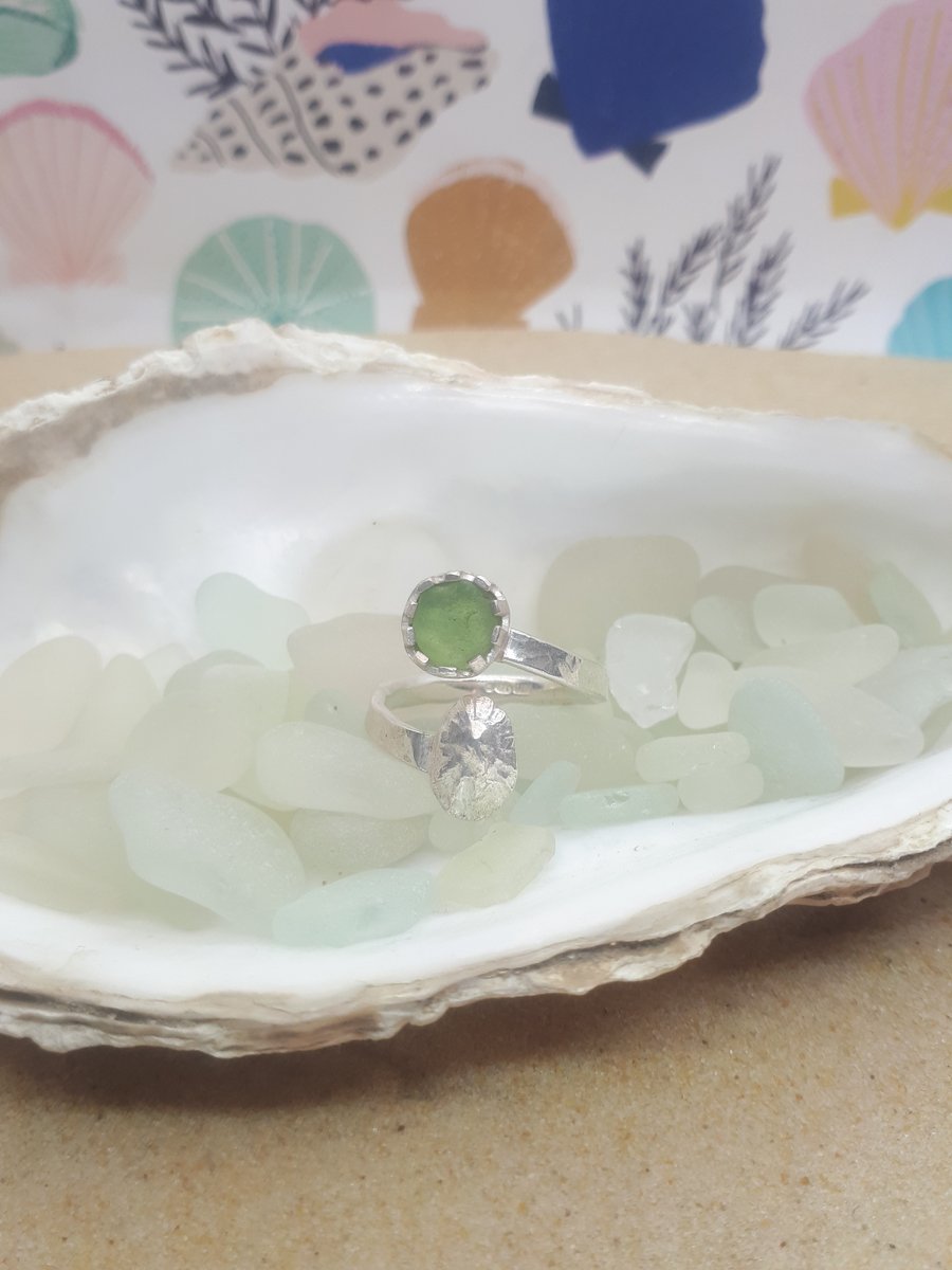 UV green sea glass and limpet adjustable ring 
