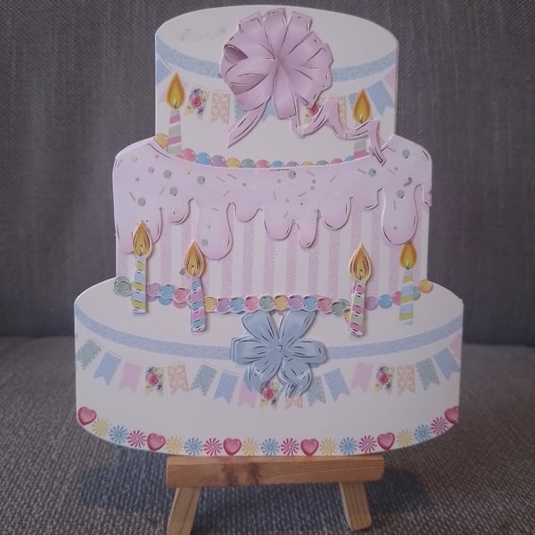 A 6" x 6" birthday card in the shape if a birthday cake