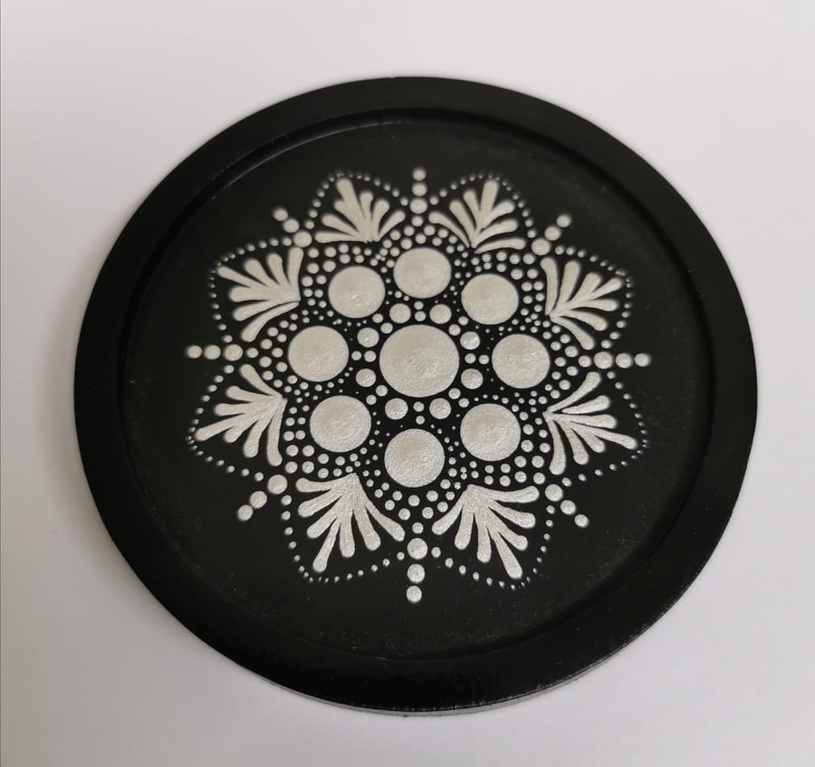 Hand painted black and white mandala coaster