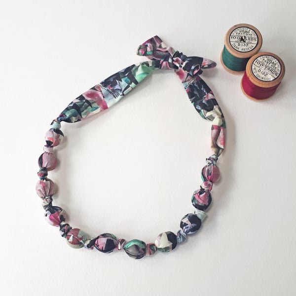 Pink Teal Black Grey Cream Liberty Print Fabric Necklace - Desert Landscape