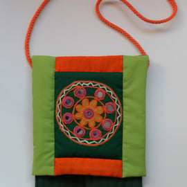 Quilted Shoulder Bag with Front Flap, Orange and Green