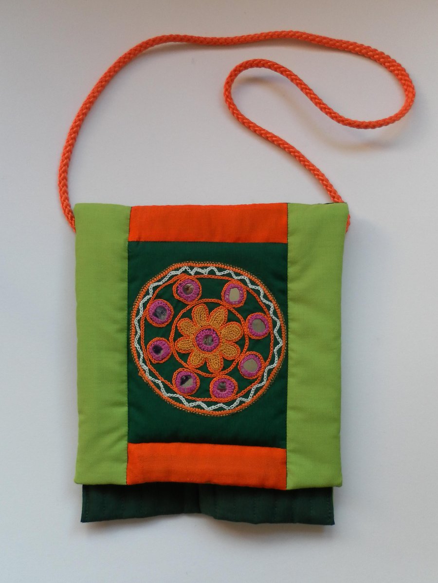 Quilted Shoulder Bag with Front Flap, Orange and Green
