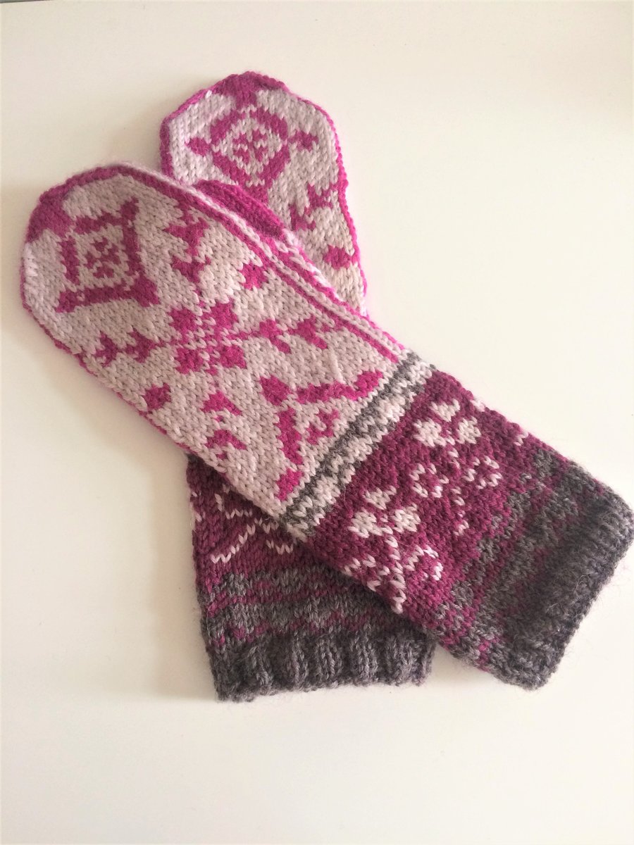 READY TO SHIP Hand Knit Pink Wool Mittens Norwegian Scandinavian Nordic Fairisle